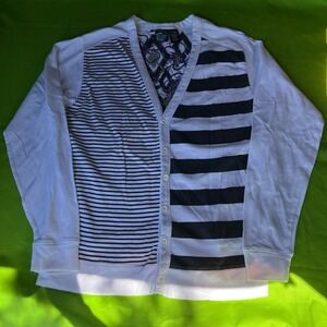 LARGE y2k Point Zero Mens Cardigan White Black Striped Asymmetrical‎ Sweater